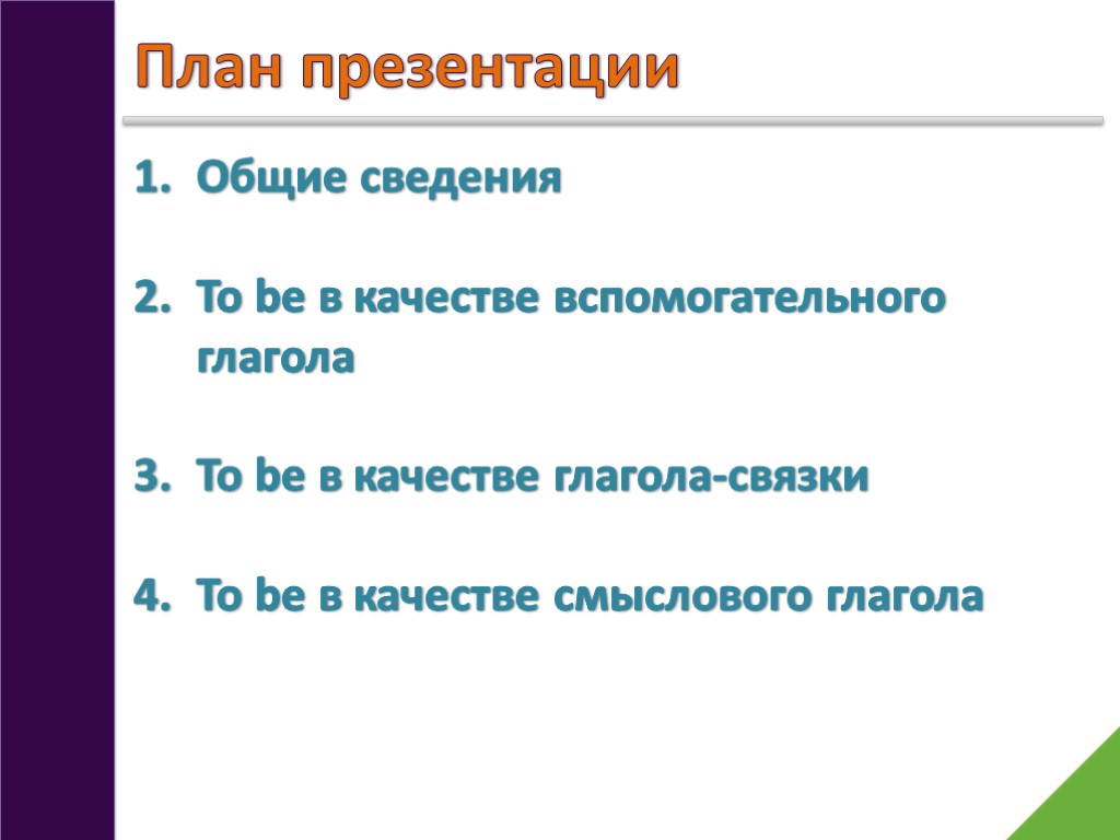 План презентации Общие сведения To be в качестве вспомогательного глагола To be в качестве